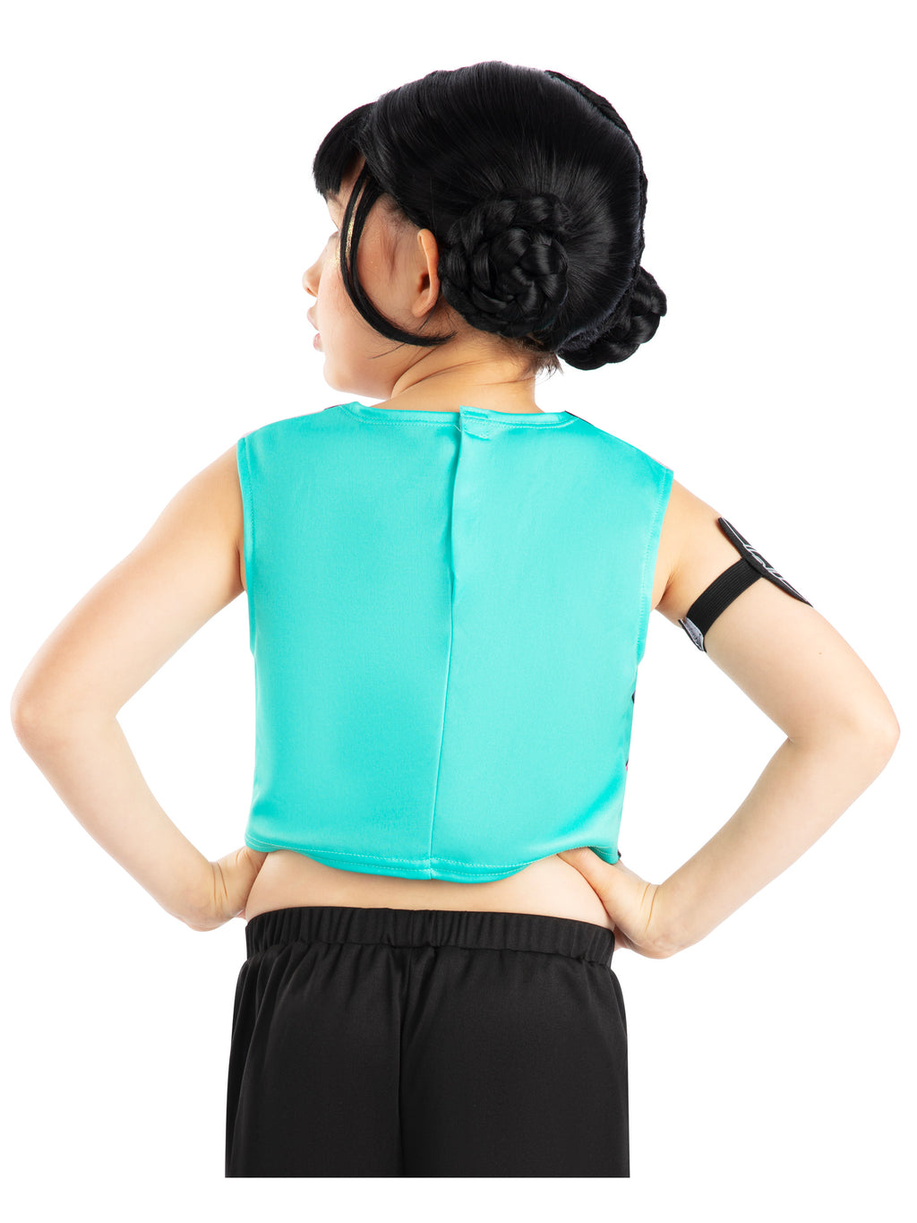 Back view of the Zoey wig with two plaited buns and a teal top