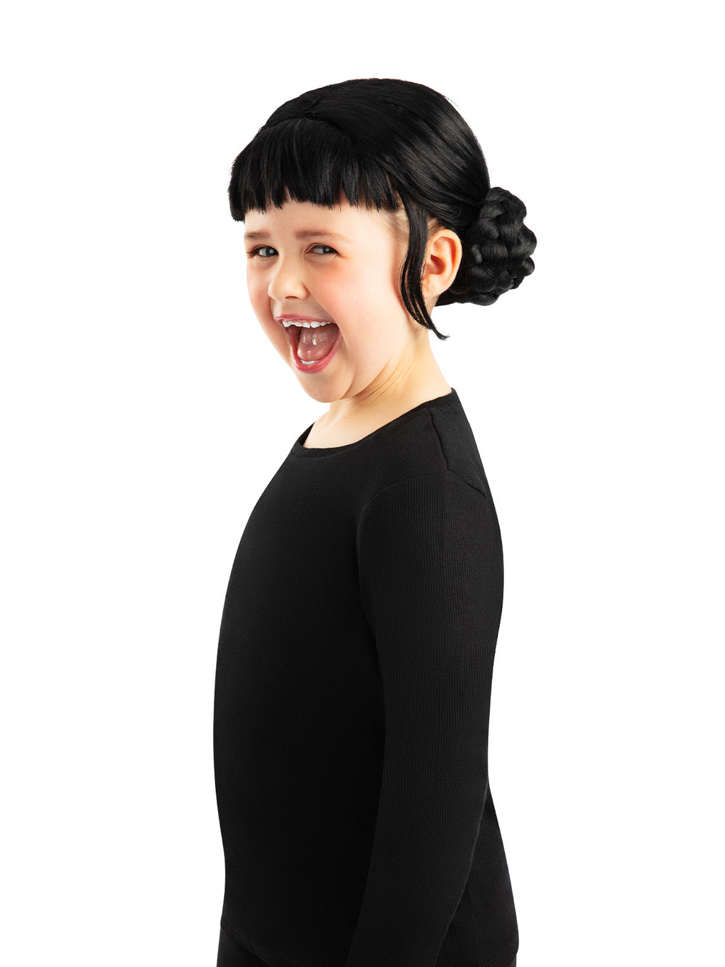 Child smiling in a side view wearing the Zoey wig with a plaited bun