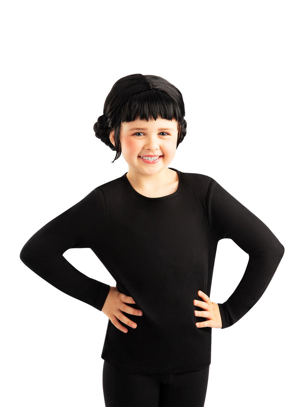 Child with hands on hips wearing the black Zoey wig