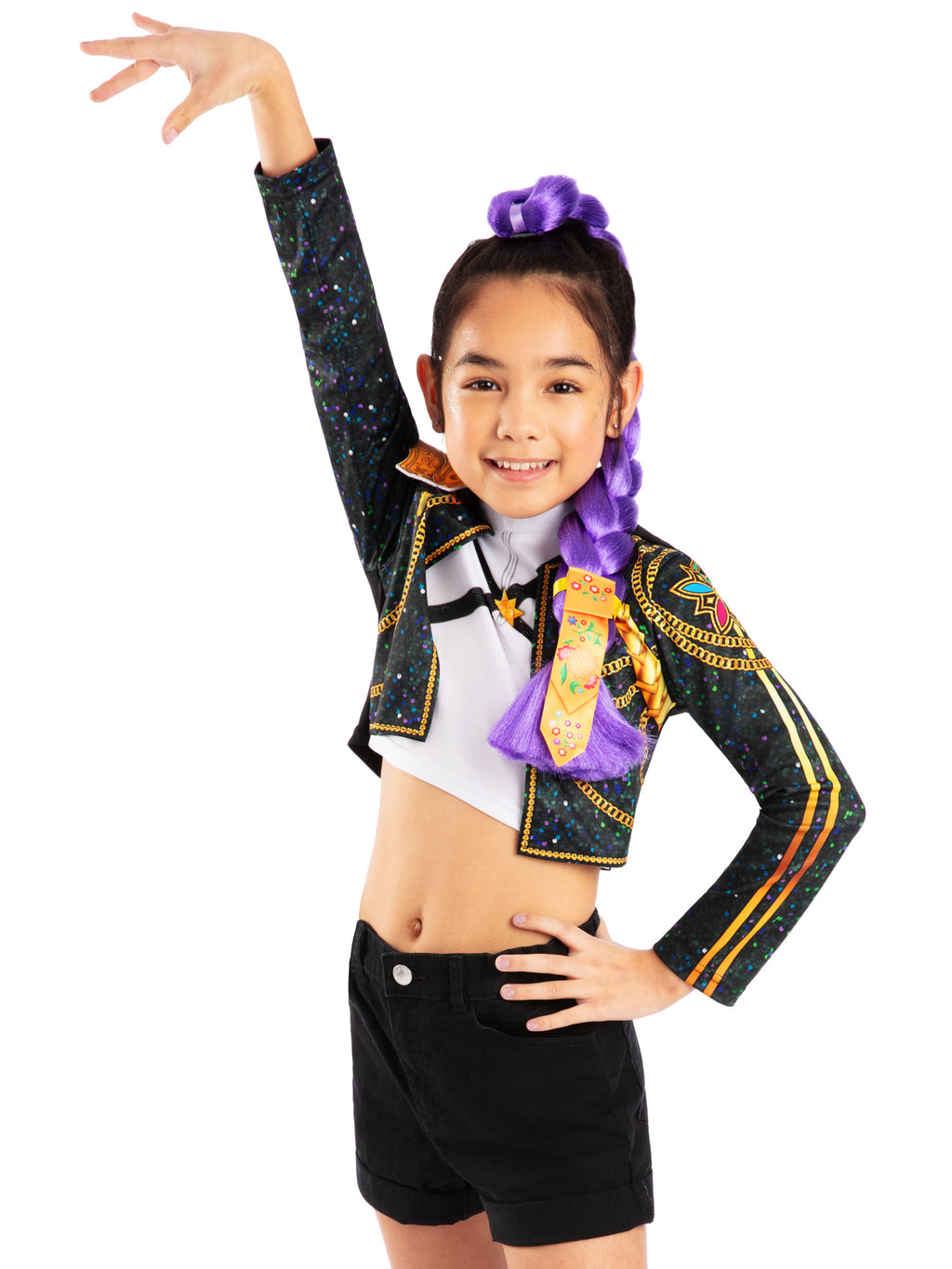 Girl with a raised arm showing the deluxe purple clip-on braid