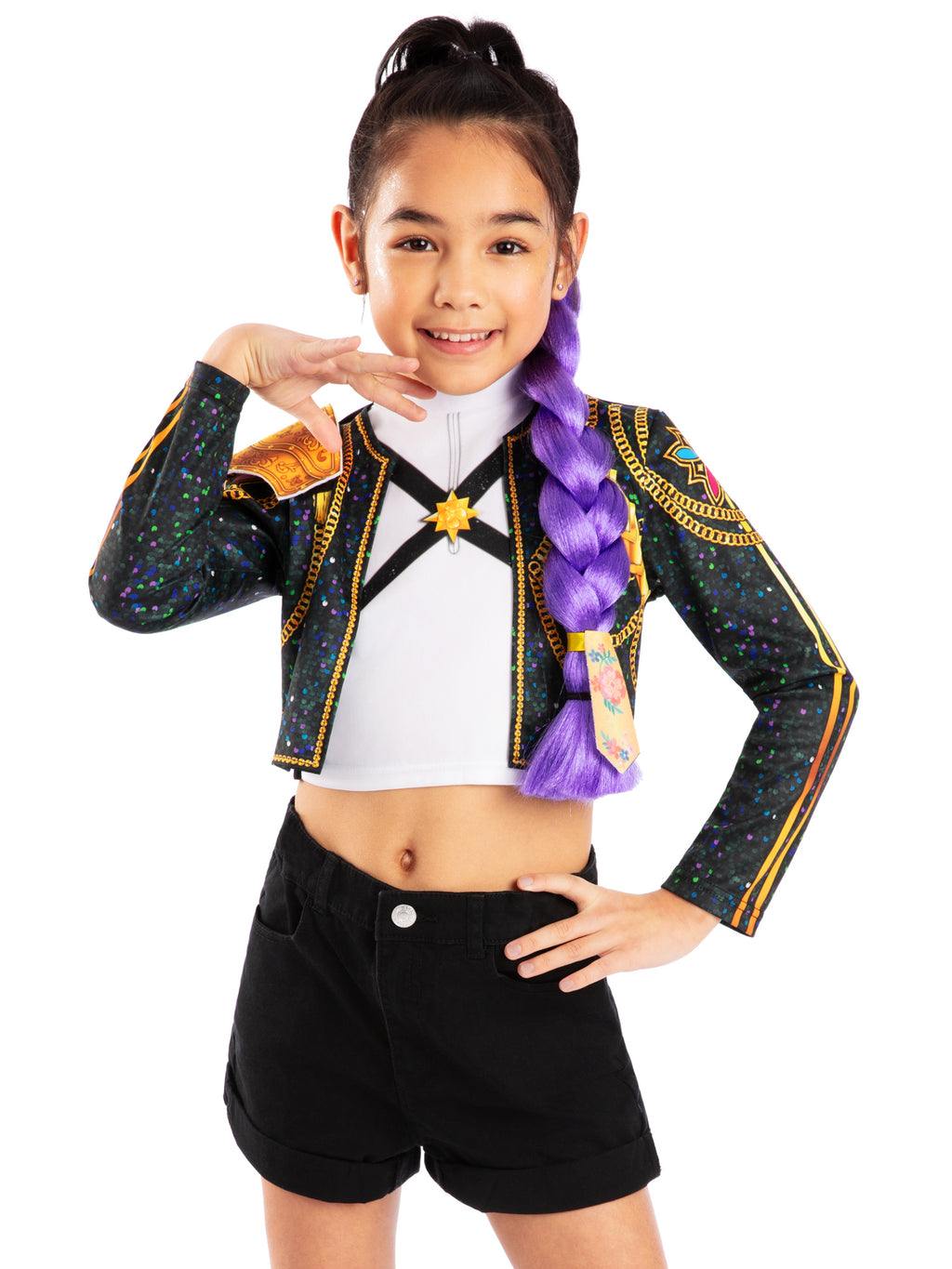 Girl posing with the long purple braid hanging down her front