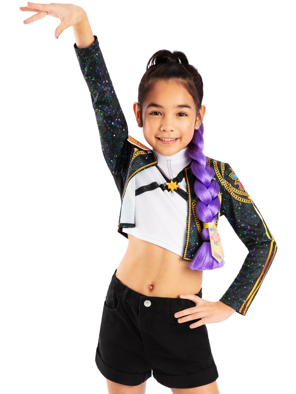 Girl with a raised arm showing the purple clip-on braid from behind
