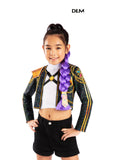 Girl wearing a long purple clip-on braid with a black and gold jacket