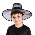 Child wearing a black wide-brimmed mesh hat with beaded trim and face art