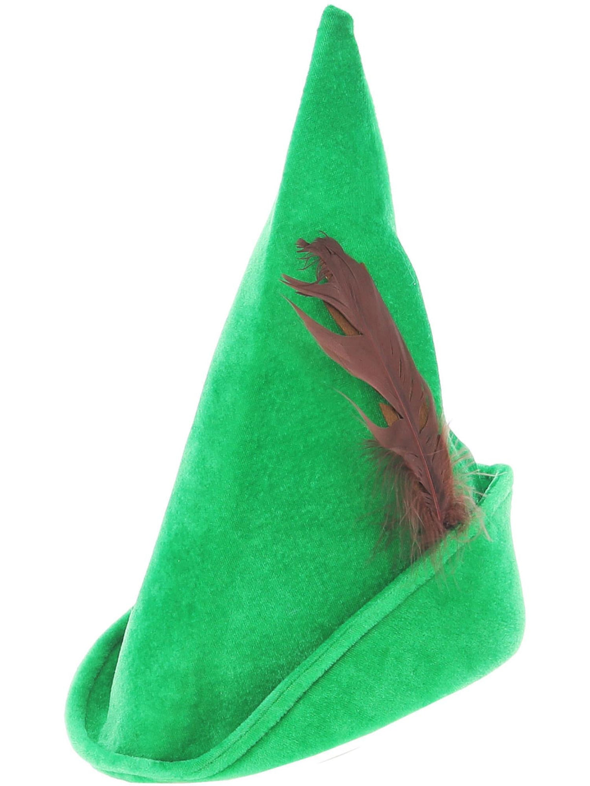 Pointed green felt Robin Hood hat with brown feather, side view