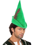 Man wearing a pointed green felt Robin Hood hat with a brown feather