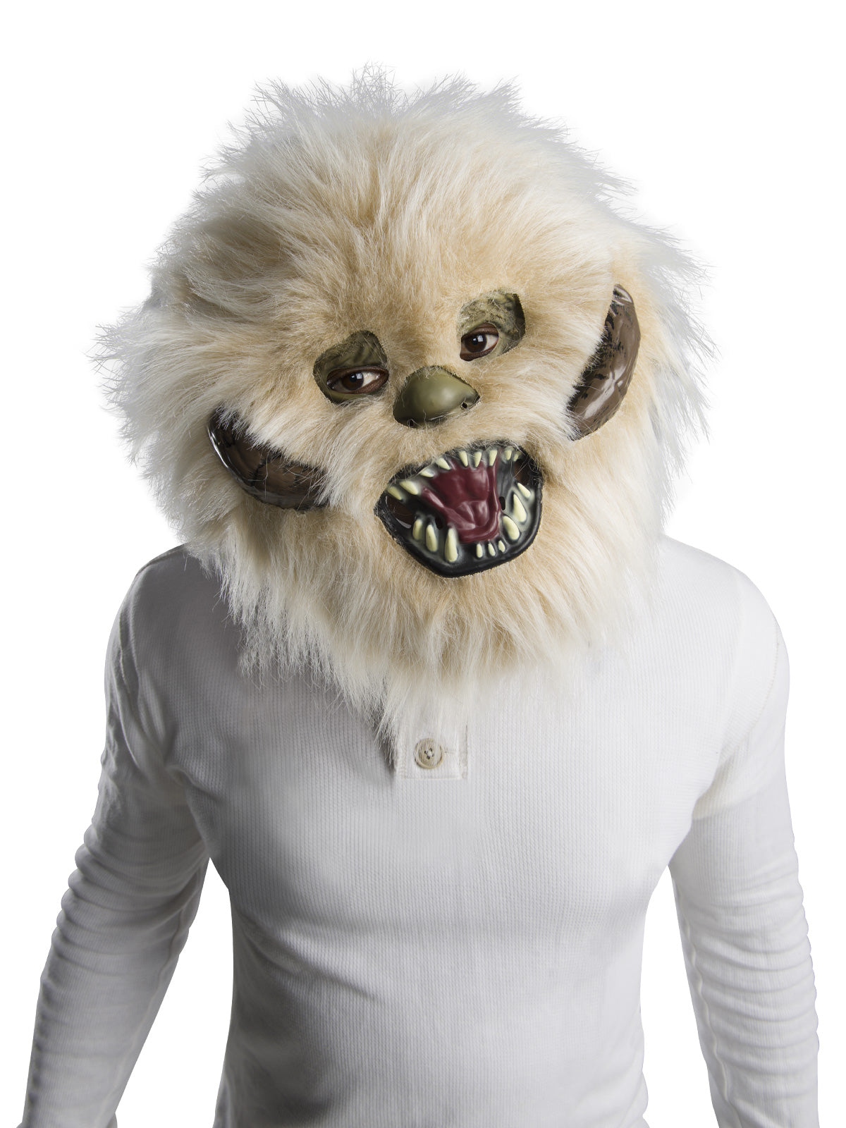 Person wearing the white furry Wampa mask with open fanged mouth