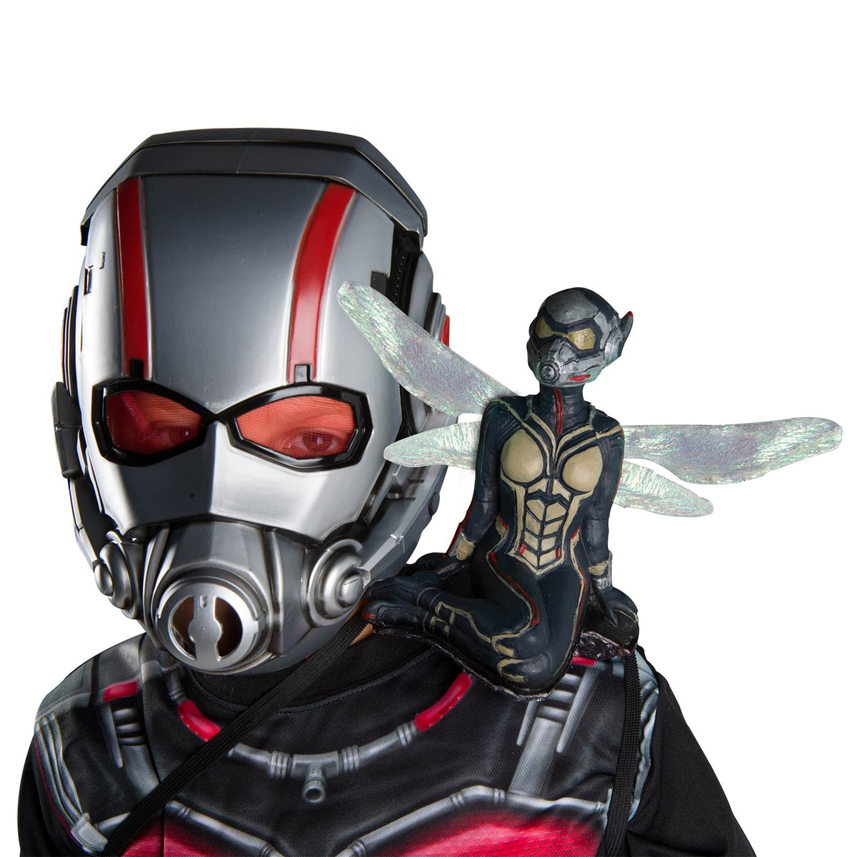 Moulded Wasp figure sitting on the shoulder of an Ant-Man costume