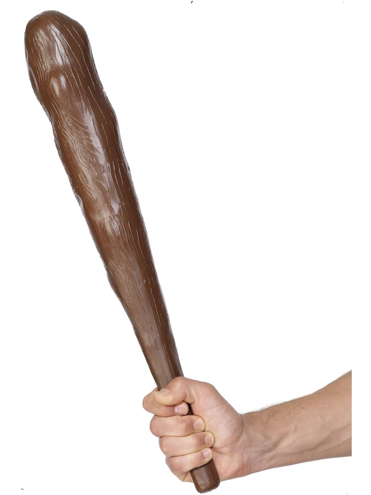 Hand holding a brown wood-look caveman club