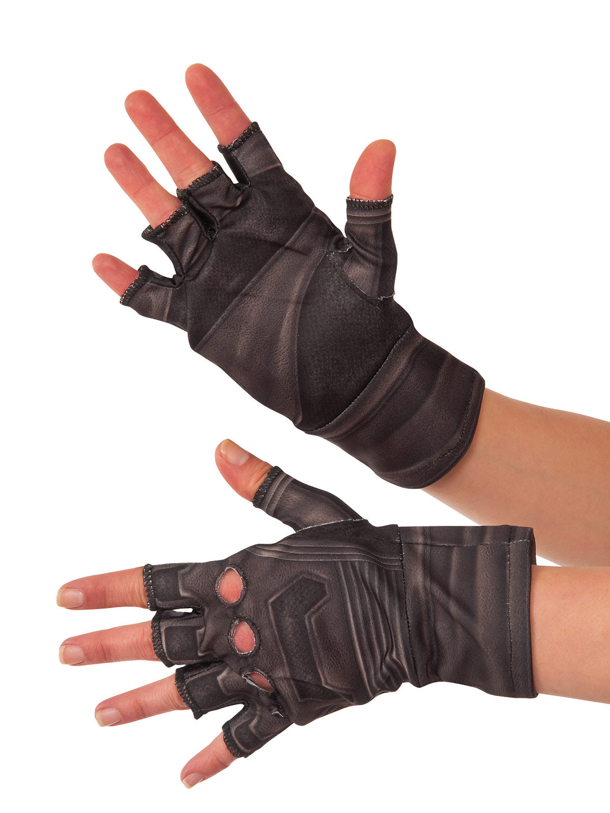 Child's hands in charcoal Captain America fingerless gloves with knuckle cut-outs