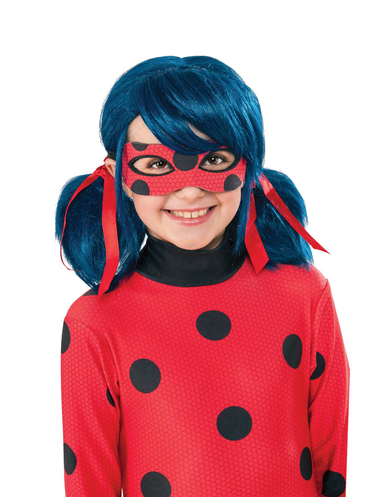Girl wearing the blue Miraculous Ladybug pigtail wig with red ribbons