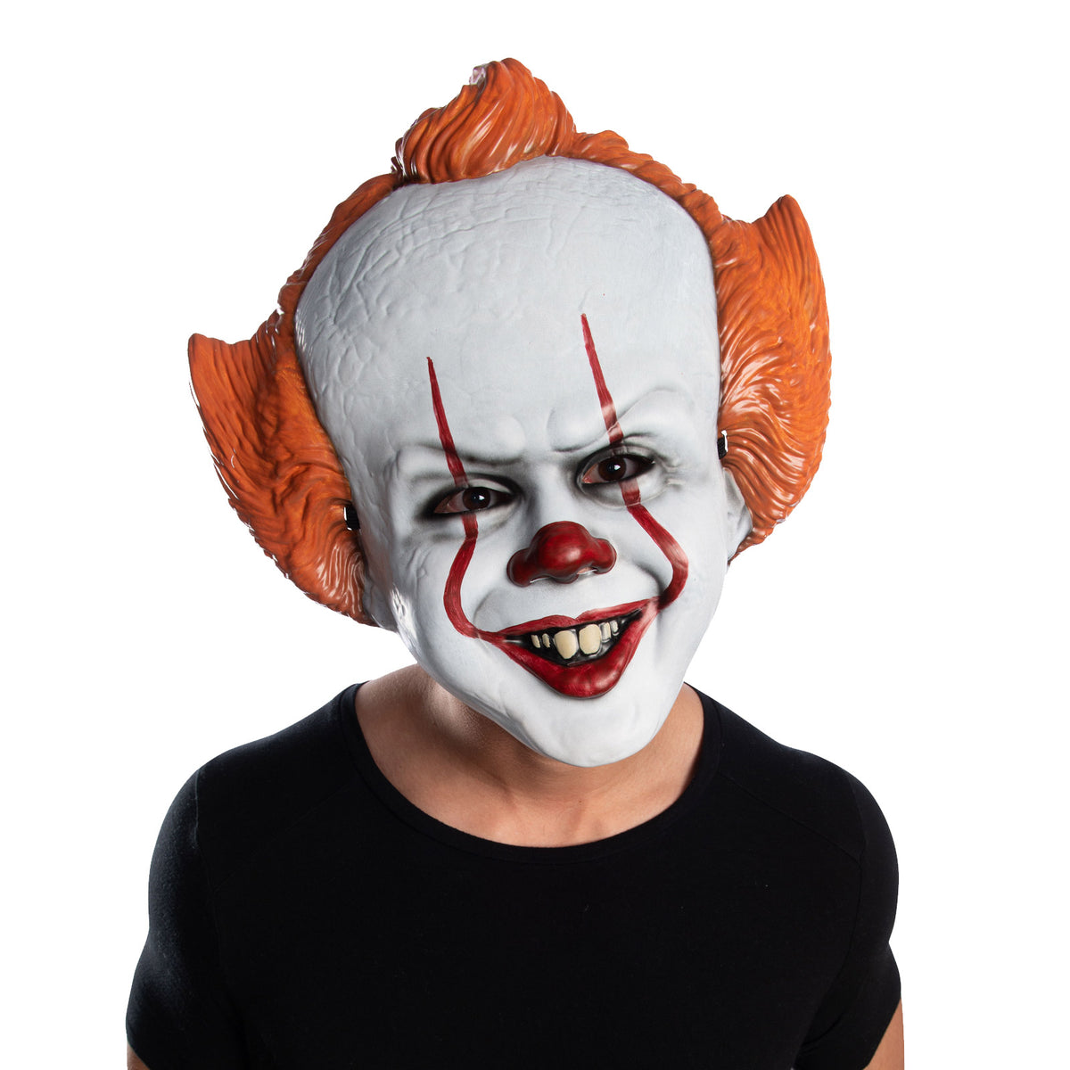 Child wearing the white Pennywise vacuform mask with moulded orange hair