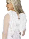 Woman wearing white feather angel wings, back view