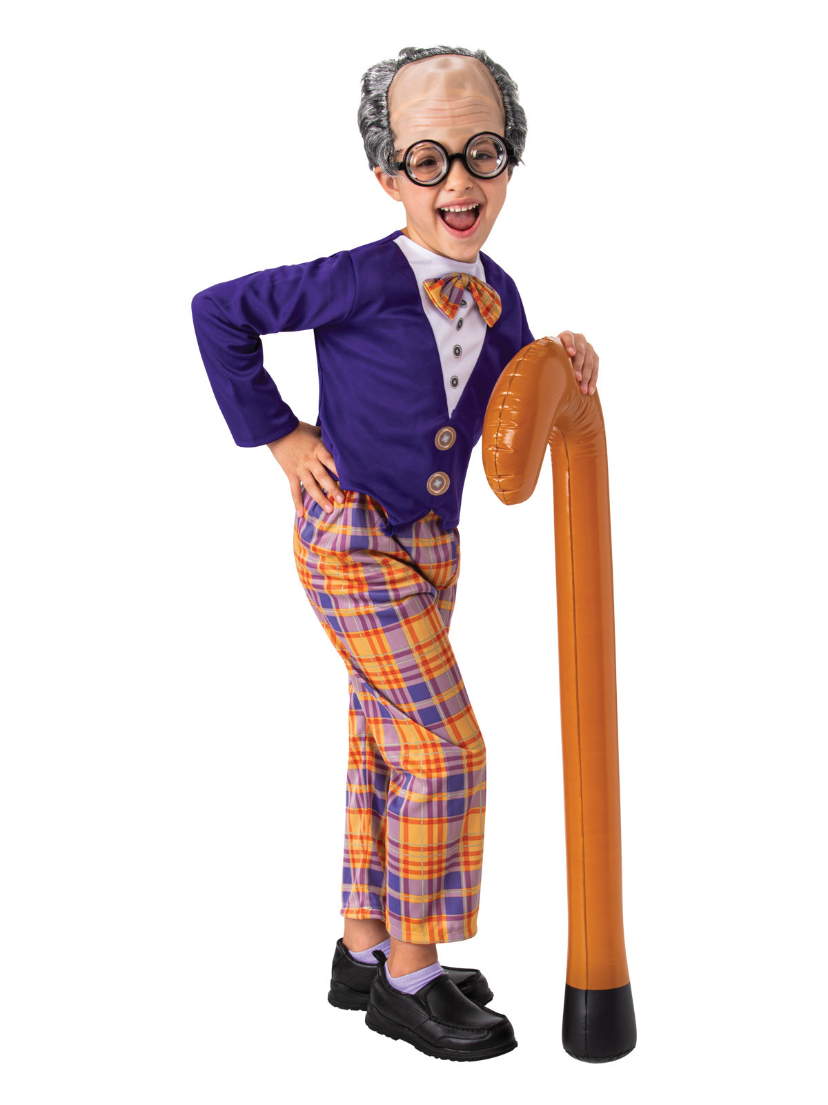 Man in an old man costume leaning on an orange inflatable walking cane