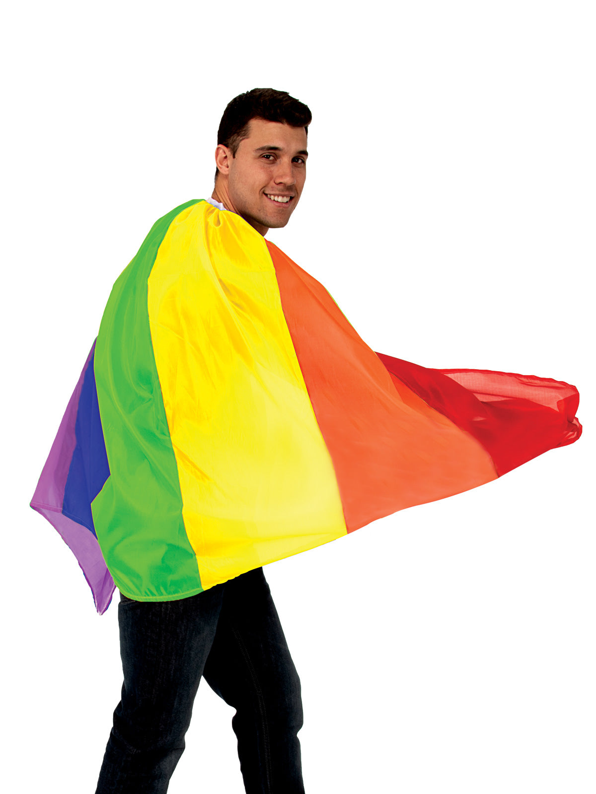 Man wearing a rainbow striped cape