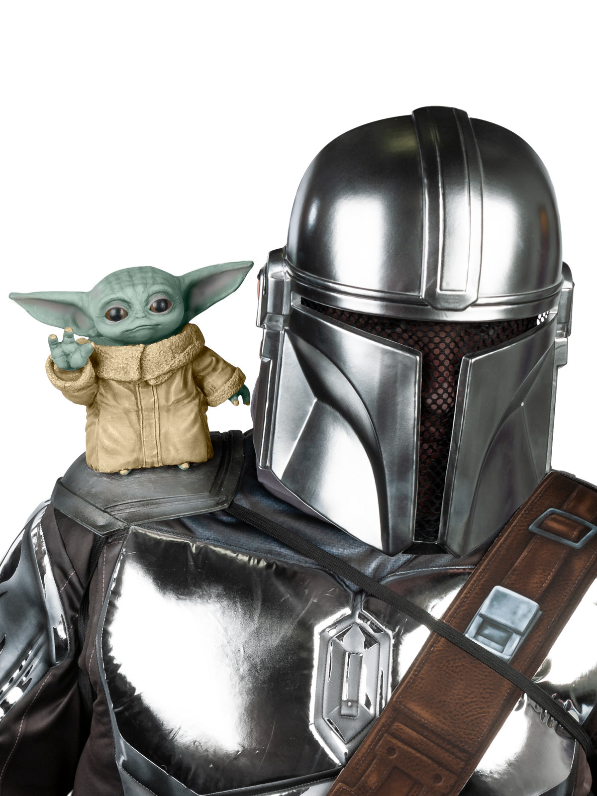 Moulded Grogu figure sitting on the shoulder of a Mandalorian costume