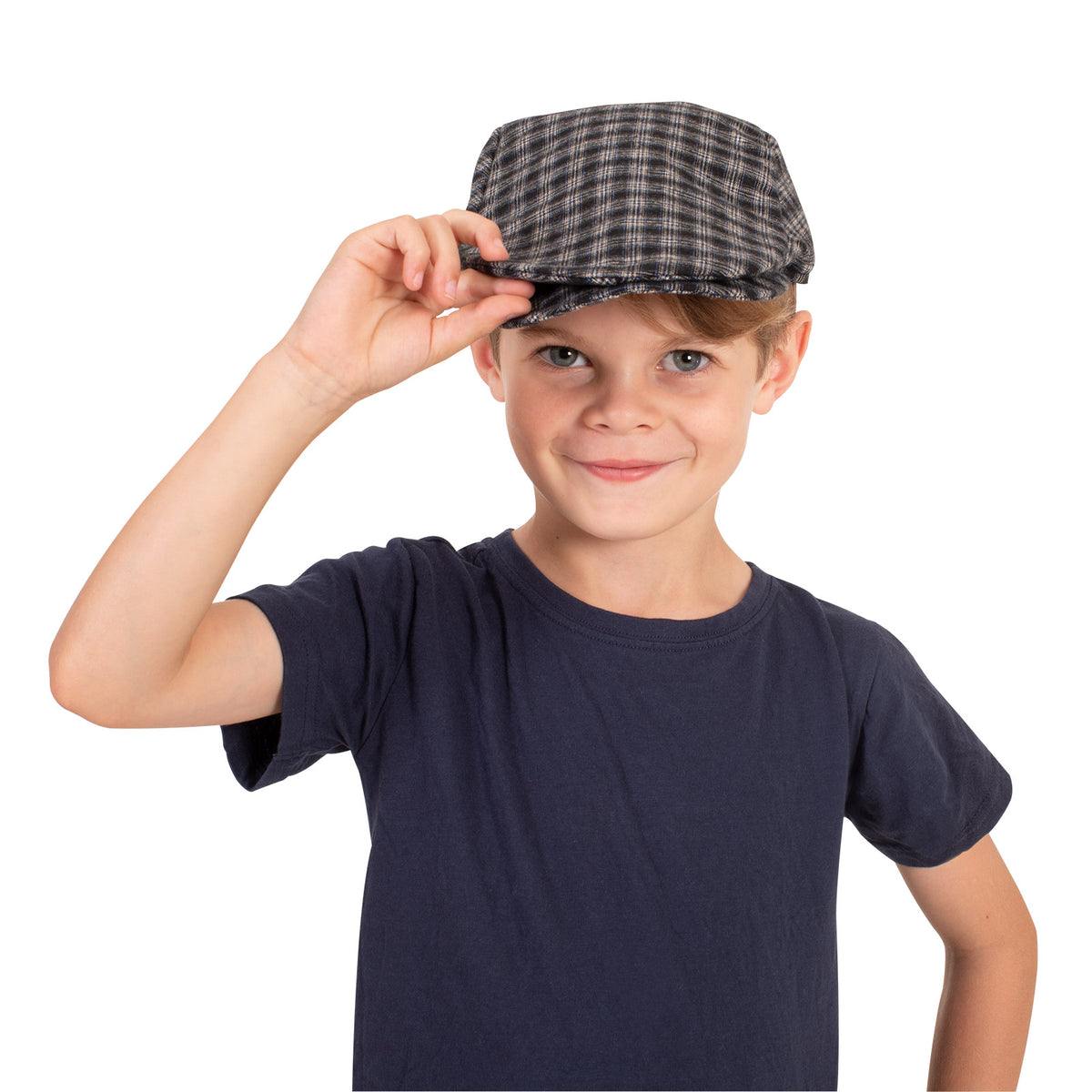 Boy wearing a grey chequered flat cap