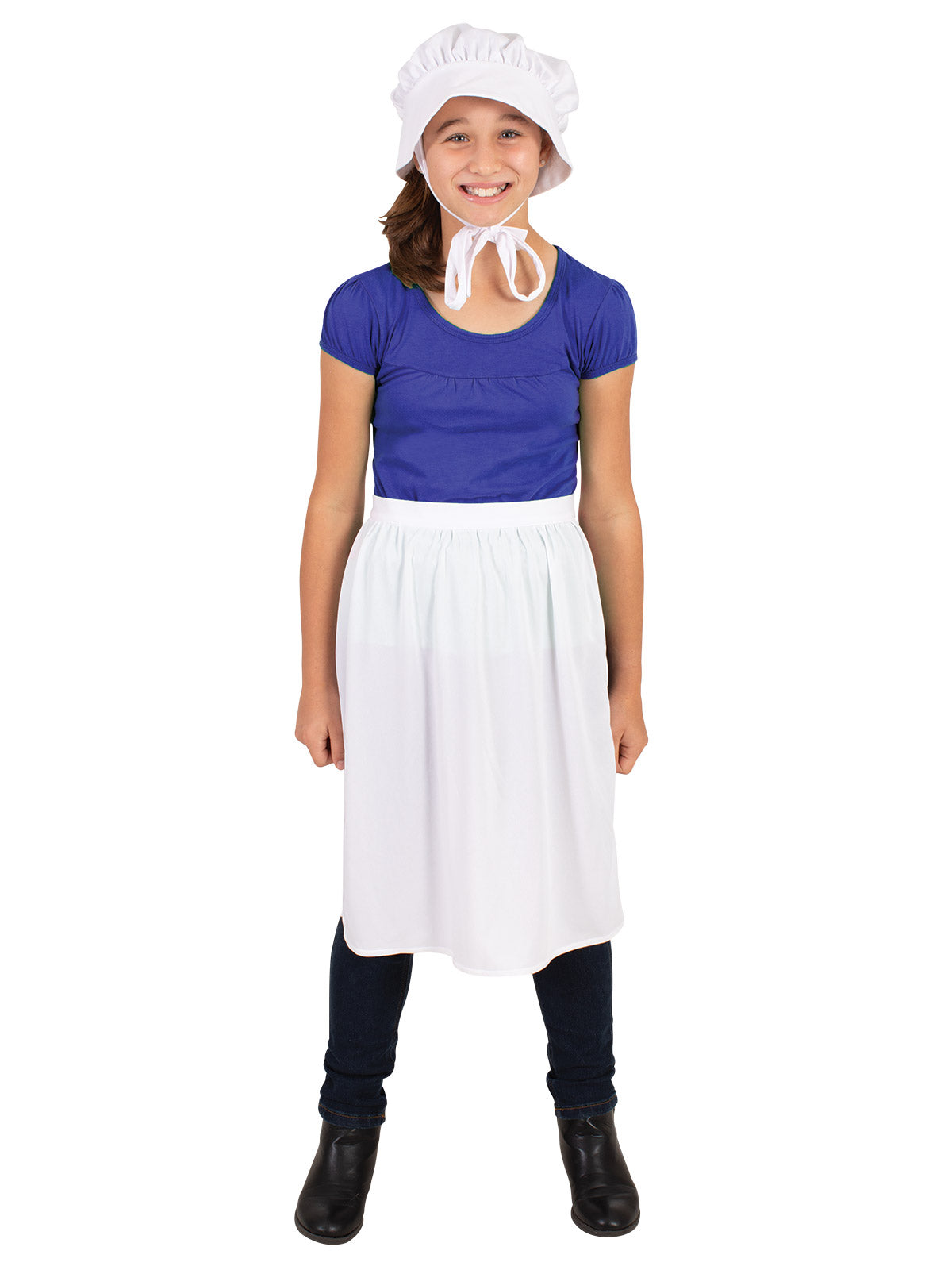Girl wearing a white cotton bonnet and long white apron