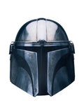 Oversized silver Mandalorian foam mask with beskar-look detail