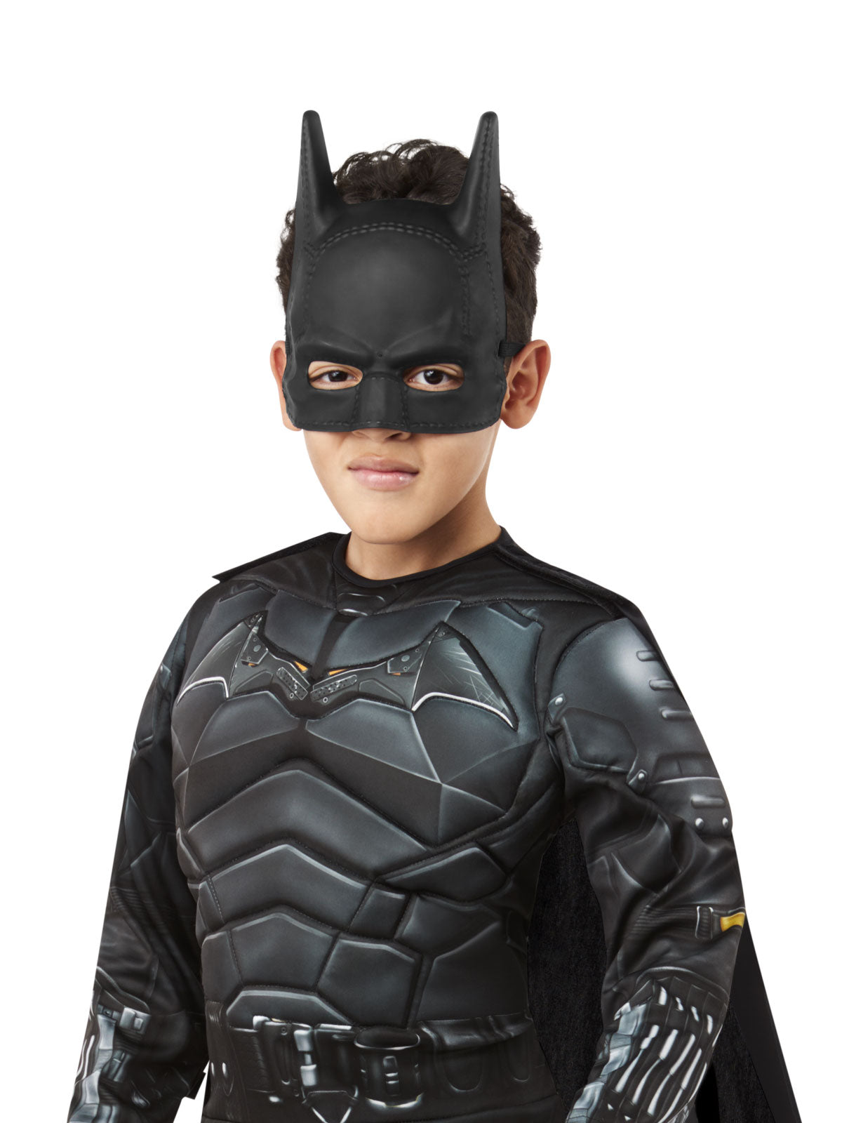 Boy wearing The Batman black half mask with upright bat ears