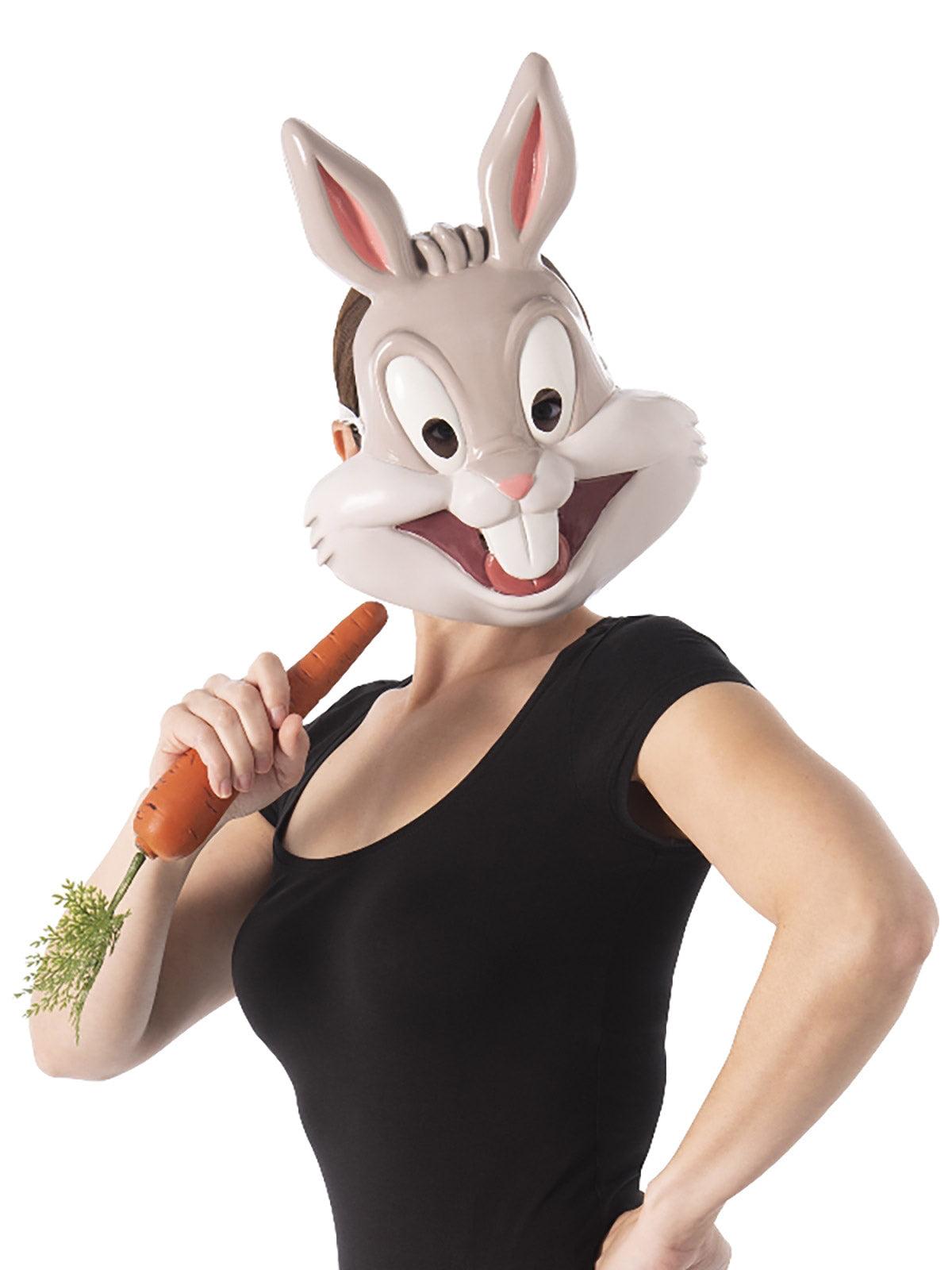 Woman wearing the grey and white Bugs Bunny mask with long ears