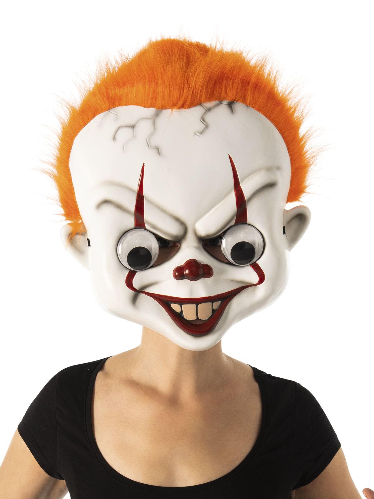 Woman wearing the Pennywise googly eyes mask with orange faux fur hair