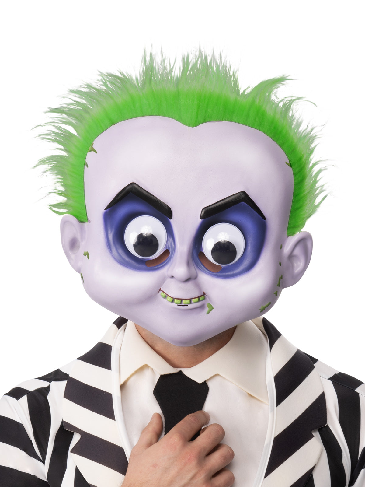 Person in a striped suit wearing the Beetlejuice googly eyes mask with spiky green hair