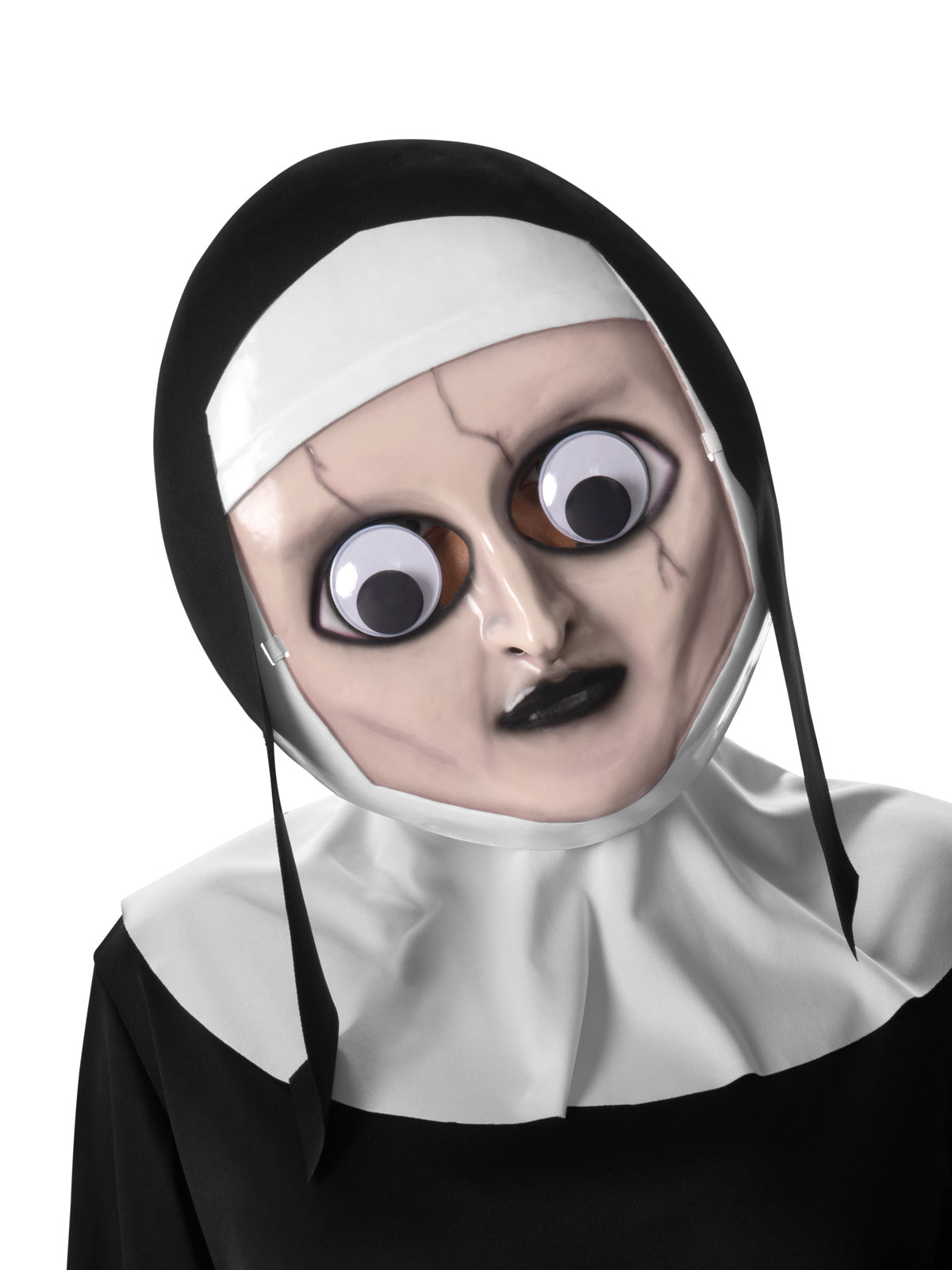 Person wearing The Nun googly eyes mask with black and white headpiece