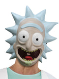 Man wearing the Rick vacuform mask with spiky blue hair and wide grin
