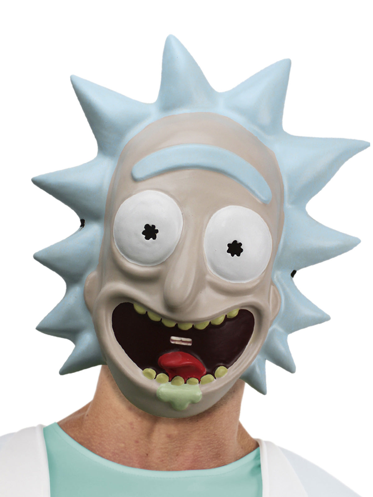Man wearing the Rick vacuform mask with spiky blue hair and wide grin