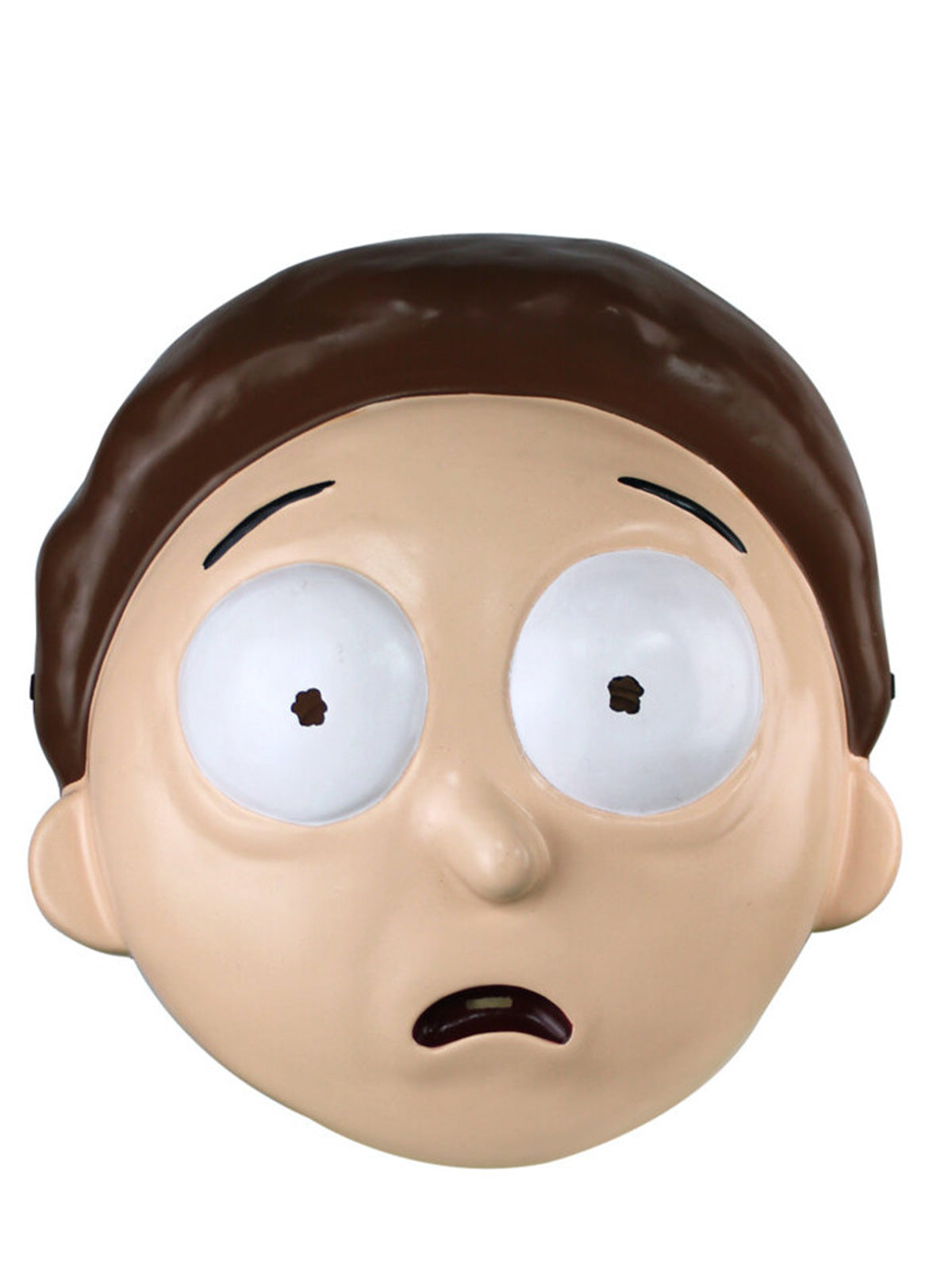 Morty vacuform mask with big white eyes and brown hair