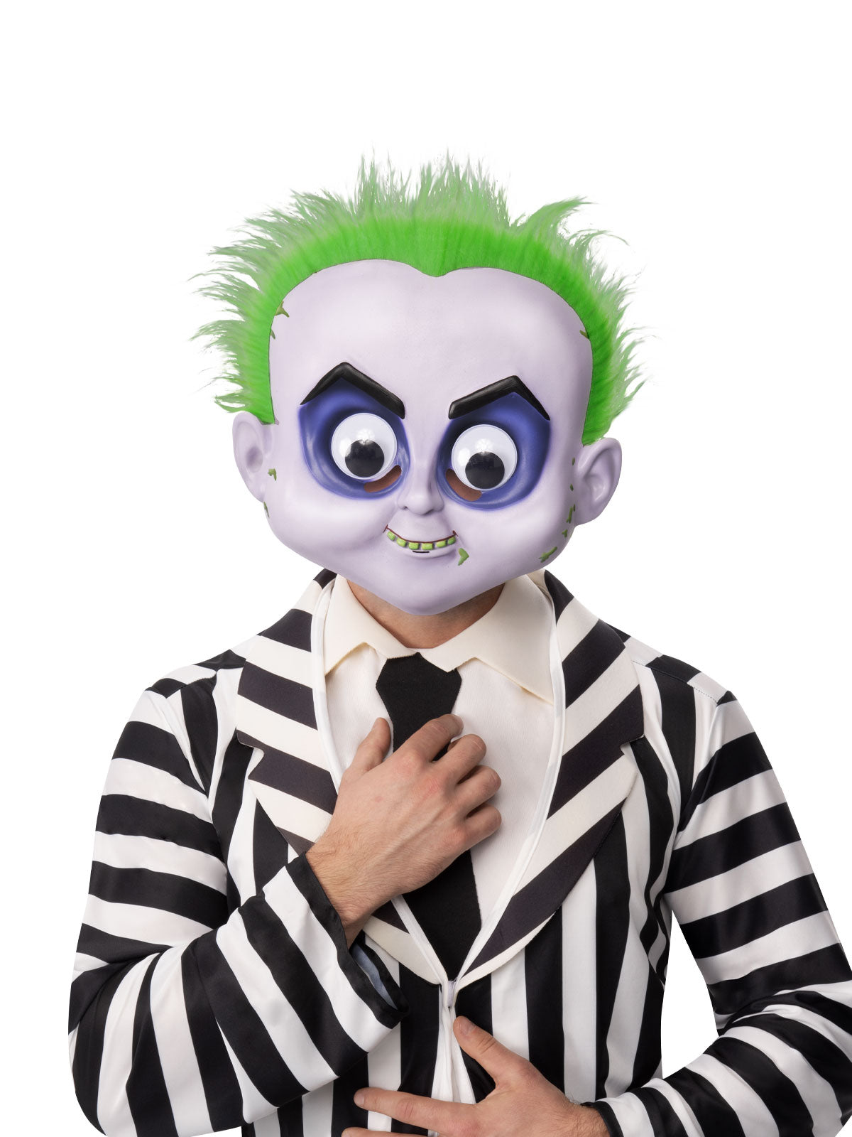 Person in a black and white striped suit wearing the Beetlejuice googly eyes mask with green hair