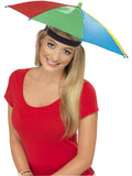 Woman wearing a rainbow umbrella hat on a headband