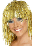 Woman wearing a shiny gold tinsel cyber wig with a fringe