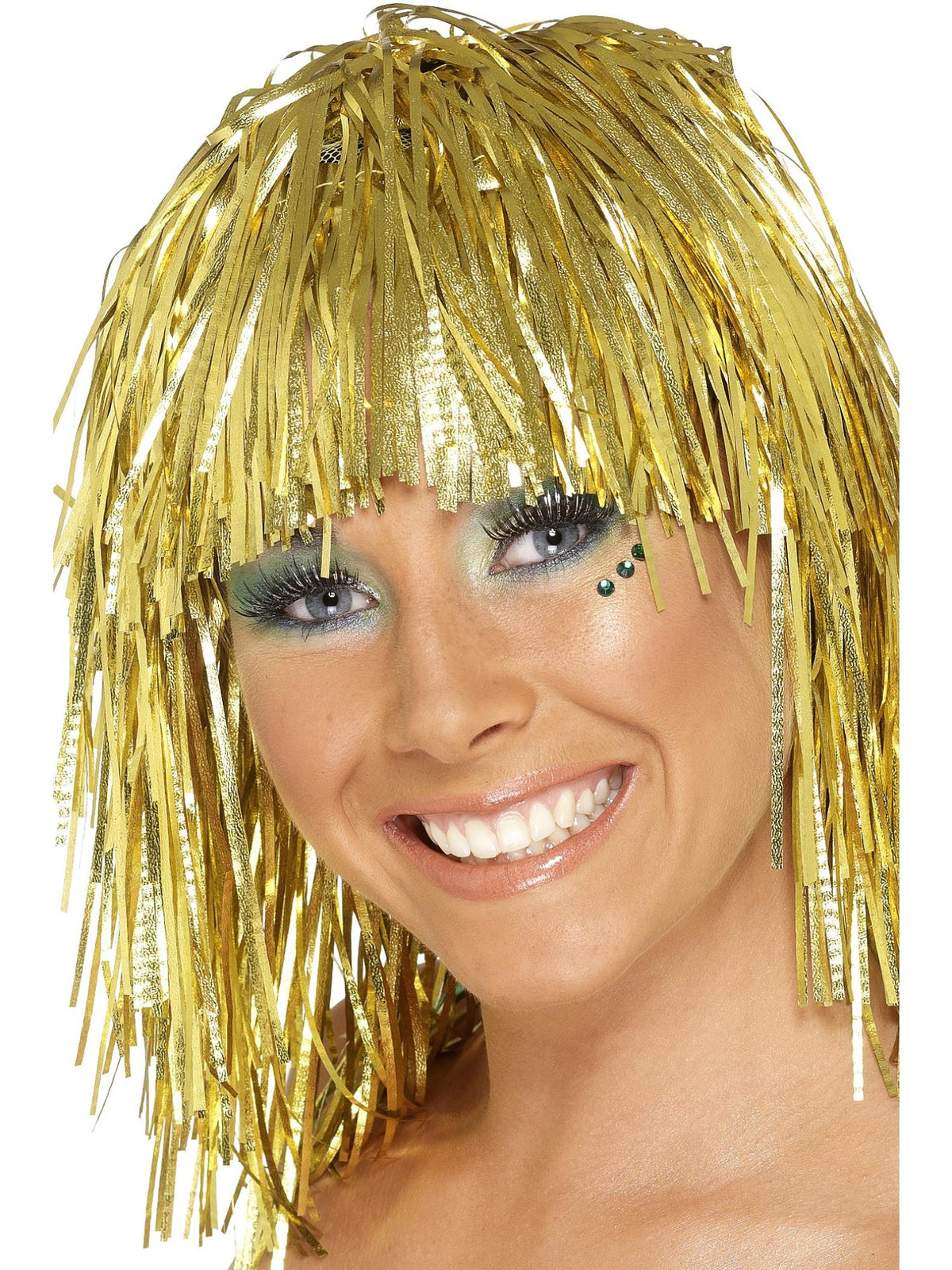 Woman wearing a shiny gold tinsel cyber wig with a fringe