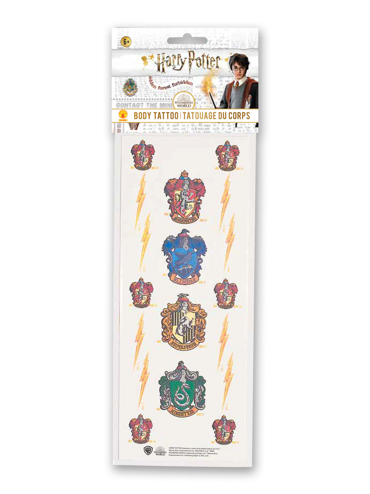 Harry Potter temporary tattoo sheet with house crests and lightning bolts in packaging