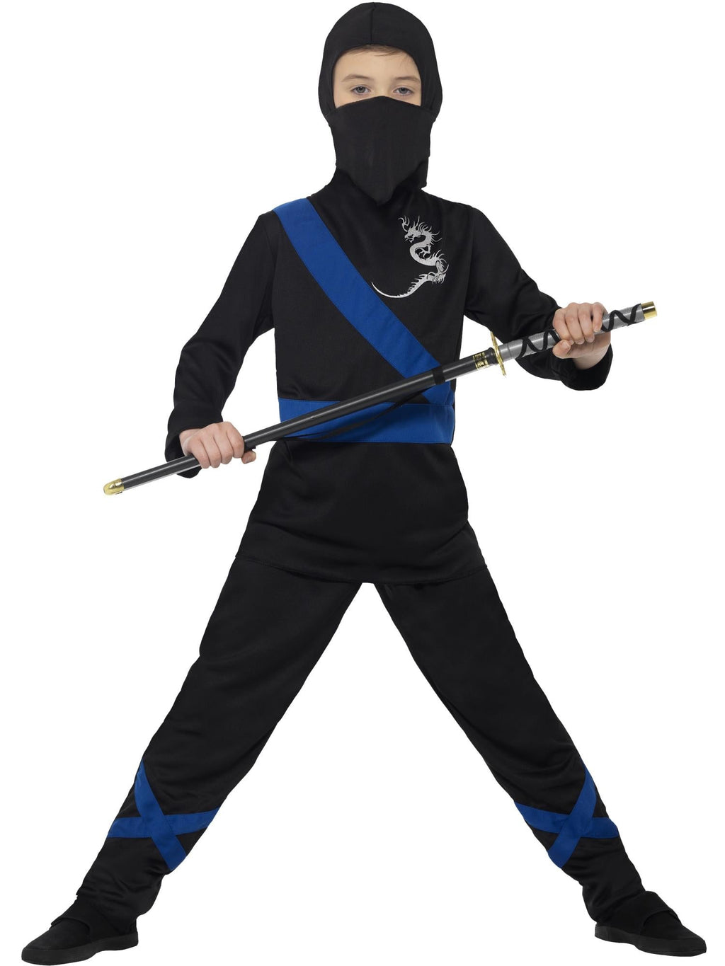 Boy in the Ninja Assassin costume with a black hood and face mask, black shirt and pants and blue sash