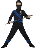 Boy in the Ninja Assassin costume with a black hood and face mask, black shirt and pants and blue sash