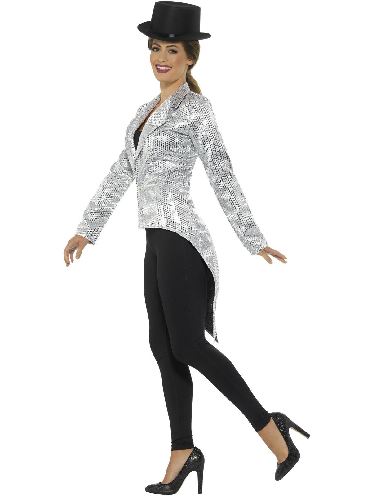 Silver sequin tailcoat jacket, side view