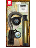 Pirate hook, telescope, eye patch and compass set in its retail packaging