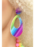 Close-up of a multicoloured neon striped teardrop earring