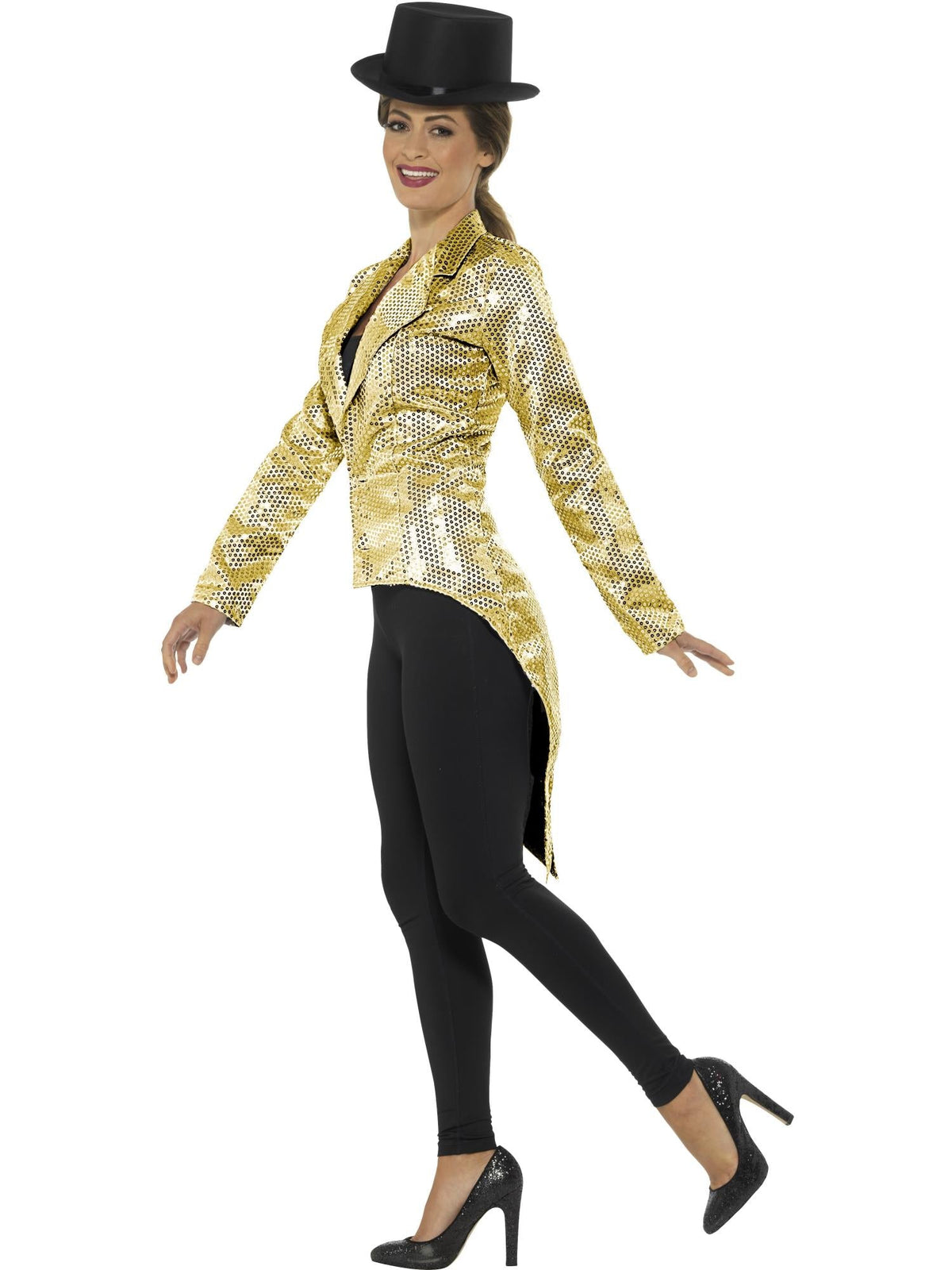 Gold sequin tailcoat jacket, side view