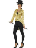 Woman wearing a gold sequin tailcoat jacket