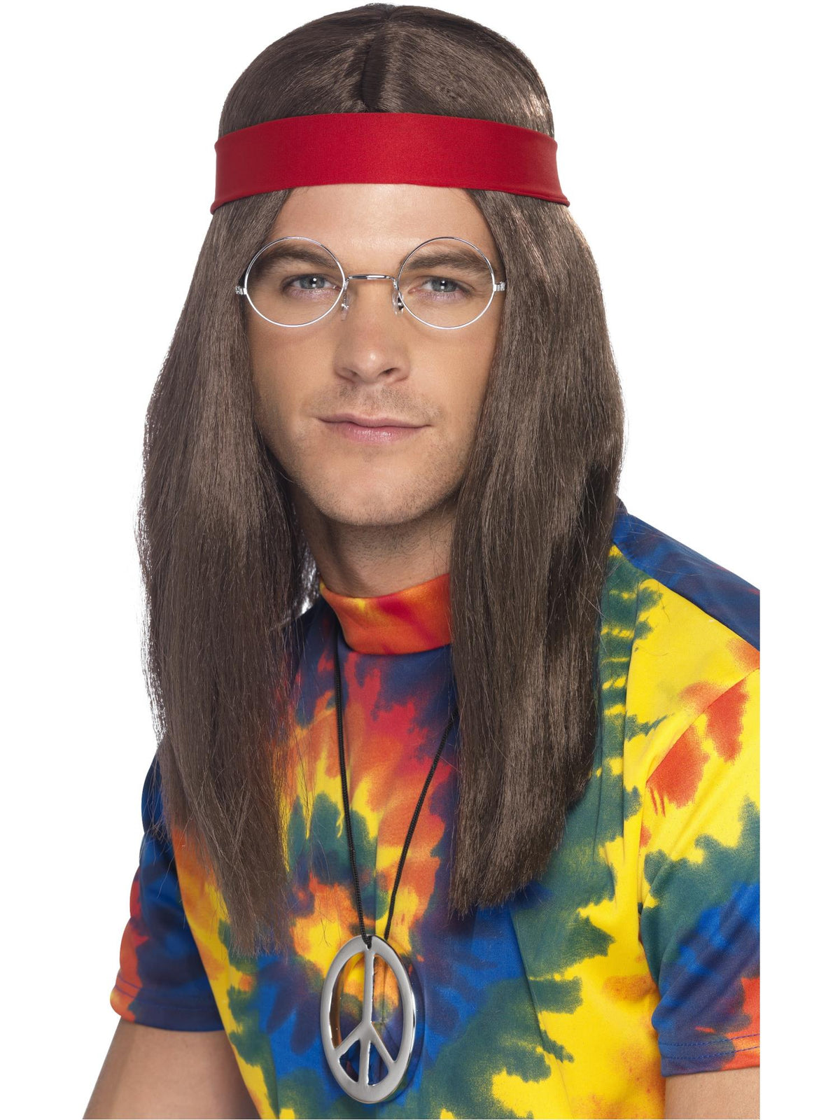 Man wearing a long brown hippie wig, red headband, round glasses and peace sign medallion
