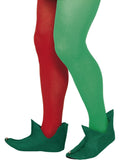 Green felt elf boots with pointed curled toes and bells, worn with red and green tights