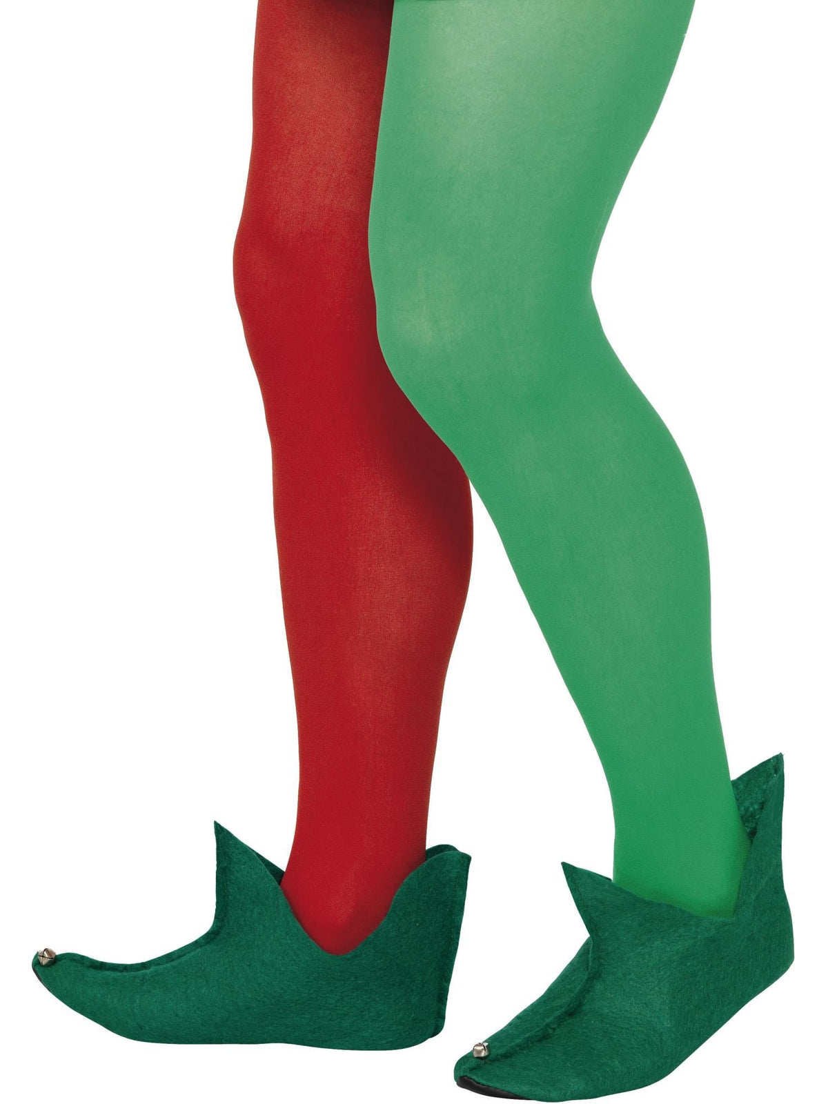 Green felt elf boots with pointed curled toes and bells, worn with red and green tights