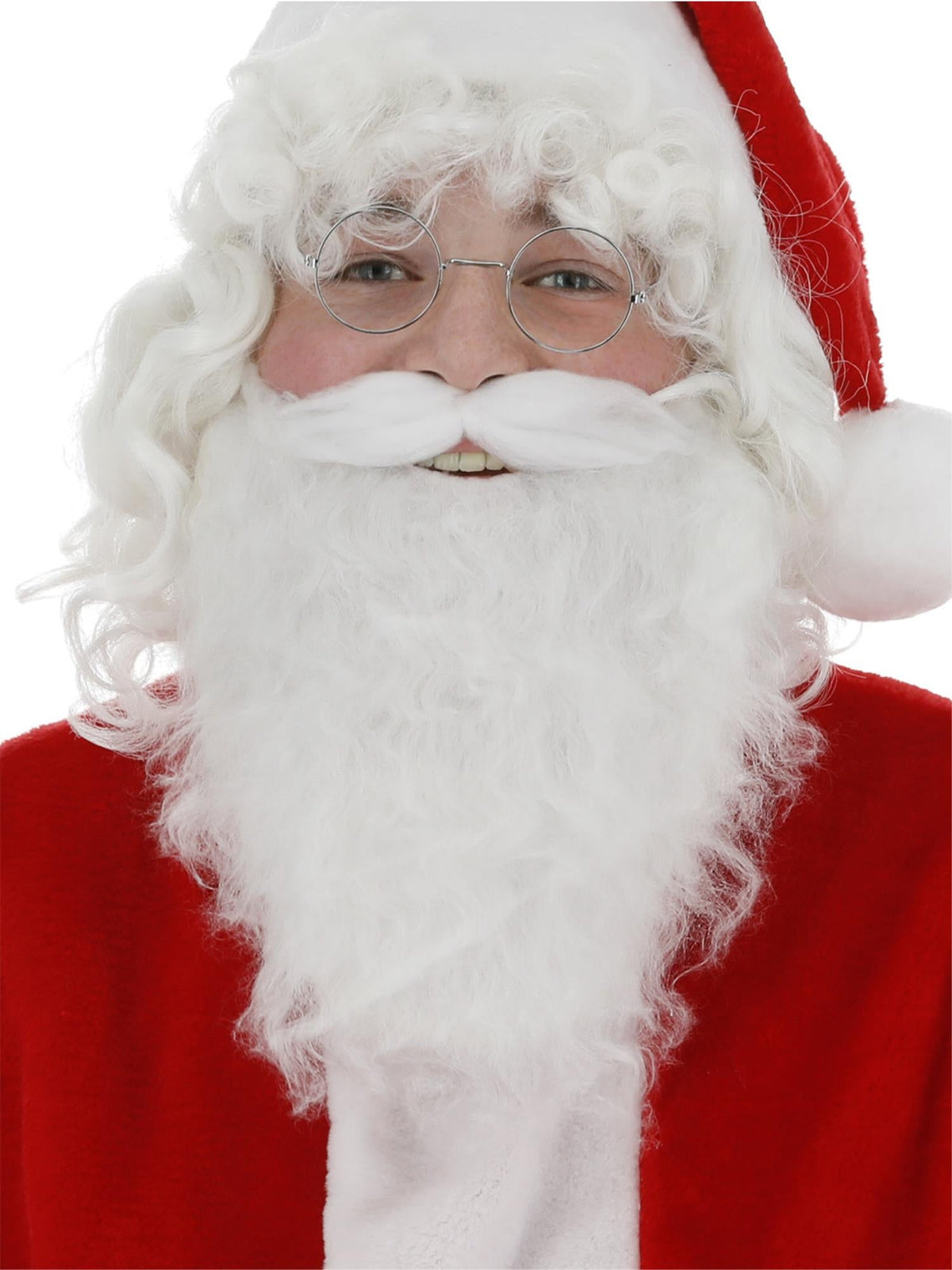 Man wearing a long curly white Santa beard and moustache