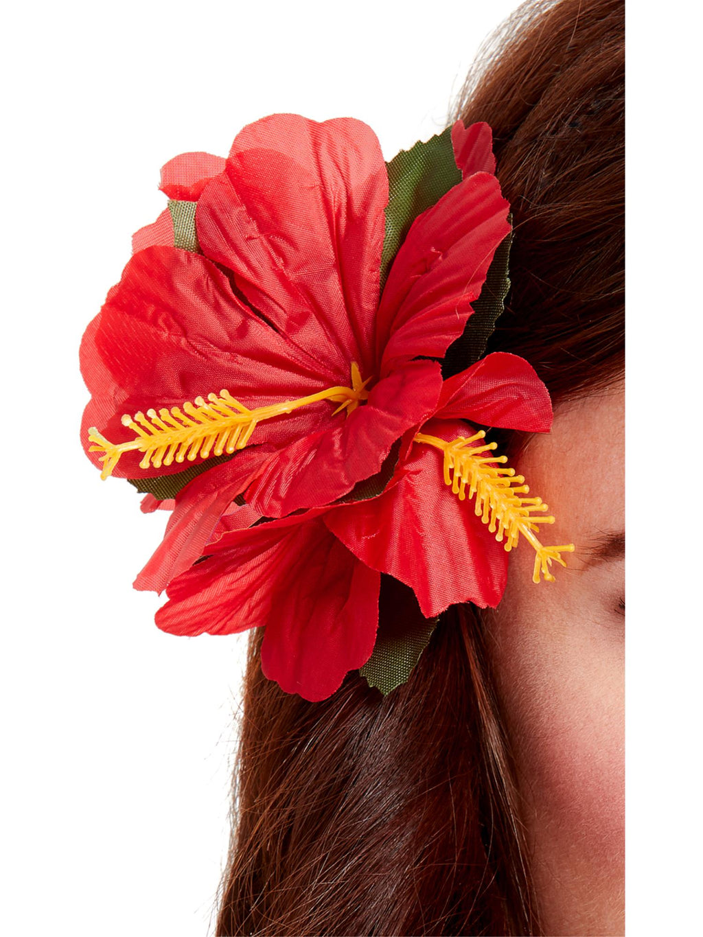 Large red hibiscus flower hair clip worn in long brown hair