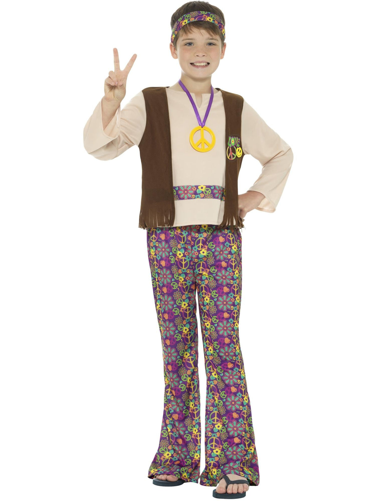 Boy in the Hippie costume with purple psychedelic flared pants, a matching headband and peace medallion