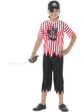 Boy in the Jolly Pirate costume with a red and white striped shirt, black 3/4 pants, bandana and eye patch